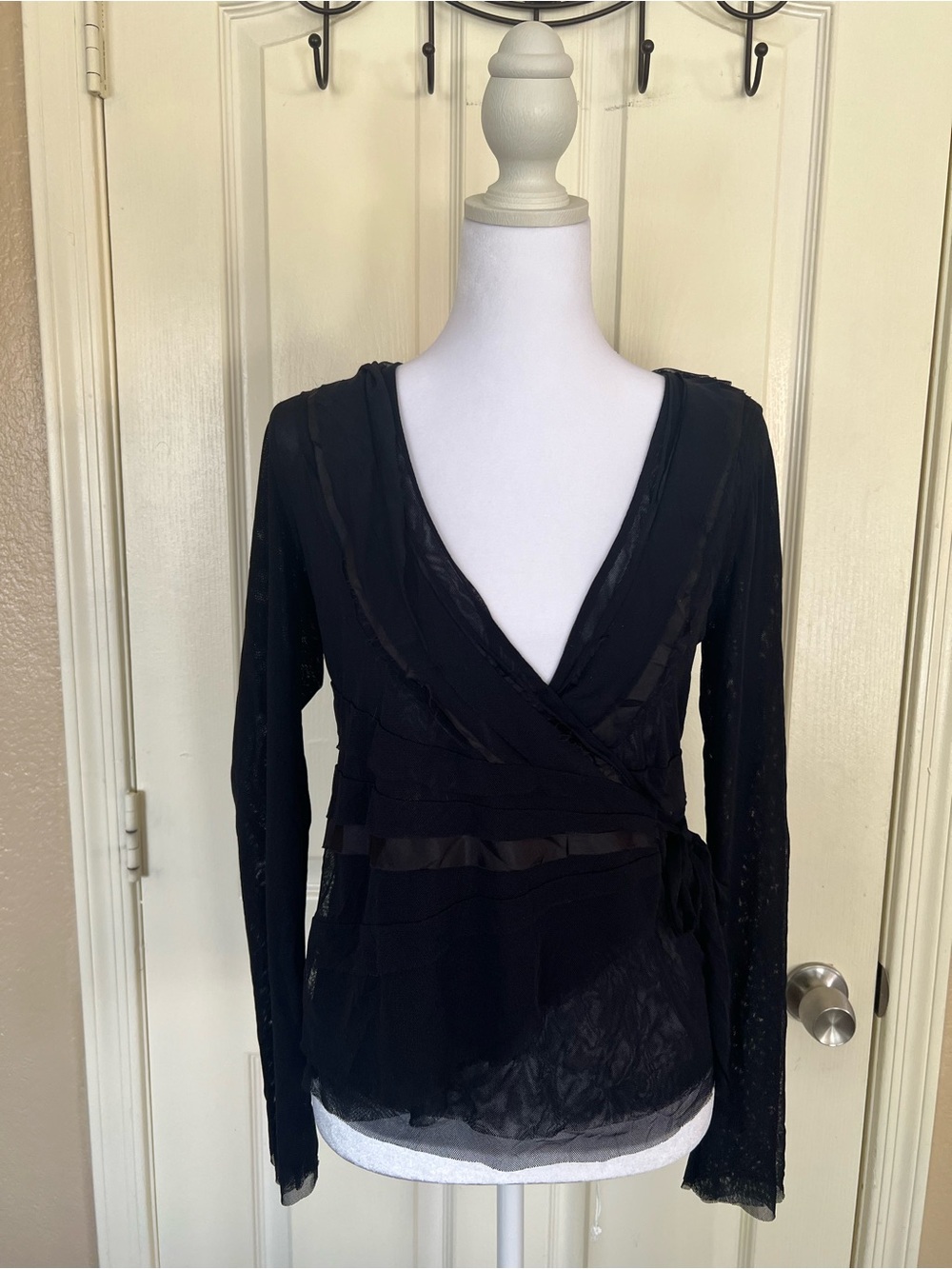 Odille Anthro Black Sheer Mesh Wrap Top Size M Satin Ribbon Y2K